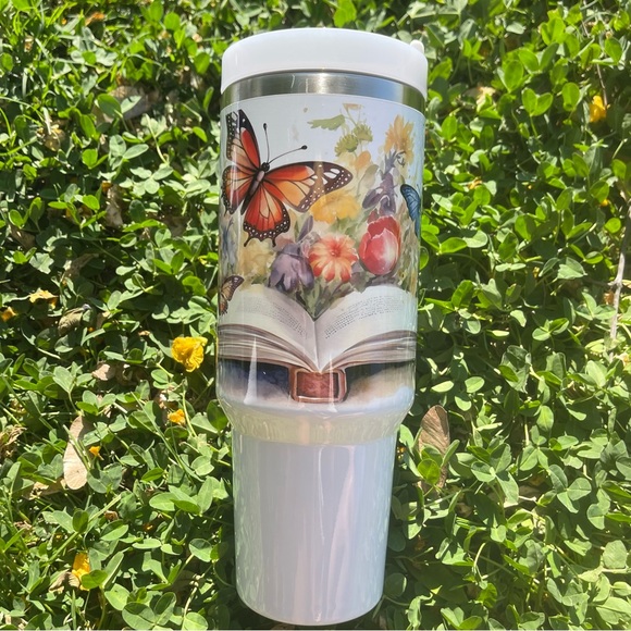 40 oz Colorful Book and butterfly Double-wall vacuum insulation Tumbler with str - Picture 3 of 10